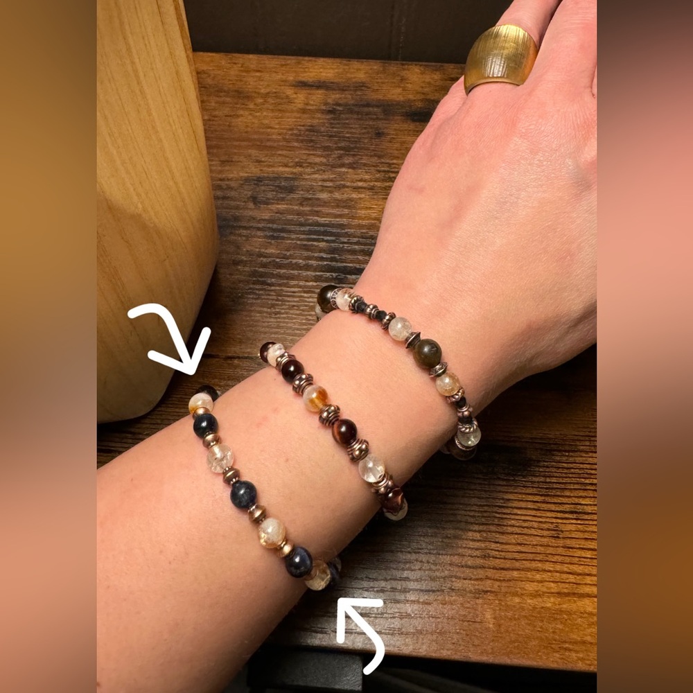 Blue Tiger’s Eye & Citrine Bracelet w/ red copper Tibetan  spacer beads - New